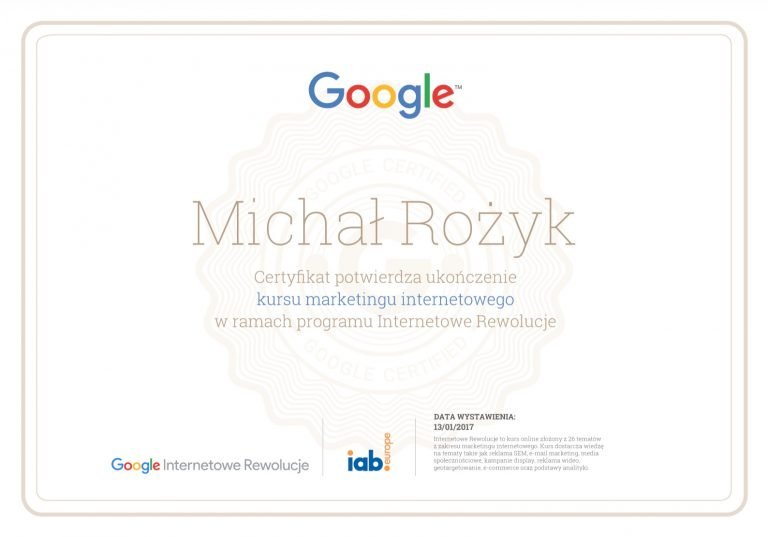 Michał Rożyk Certyfikat Internetowe Rewolucje