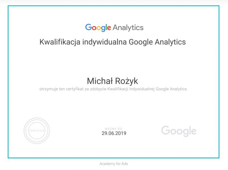 Michał Rożyk Certyfikat Indywidualny Analytics