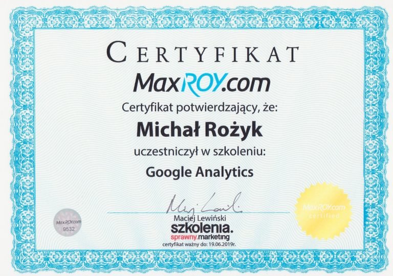 Michał Rożyk Certyfikat Google Analytics PRO