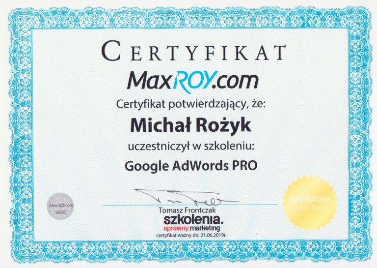 Michał Rożyk Certyfikat Google AdWords PRO