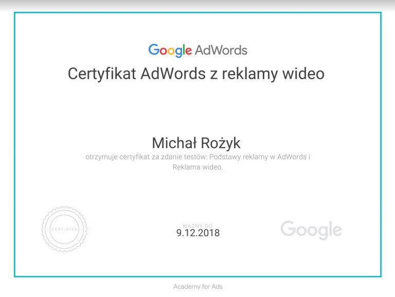 Michał Rożyk Certyfikat Reklama Wideo