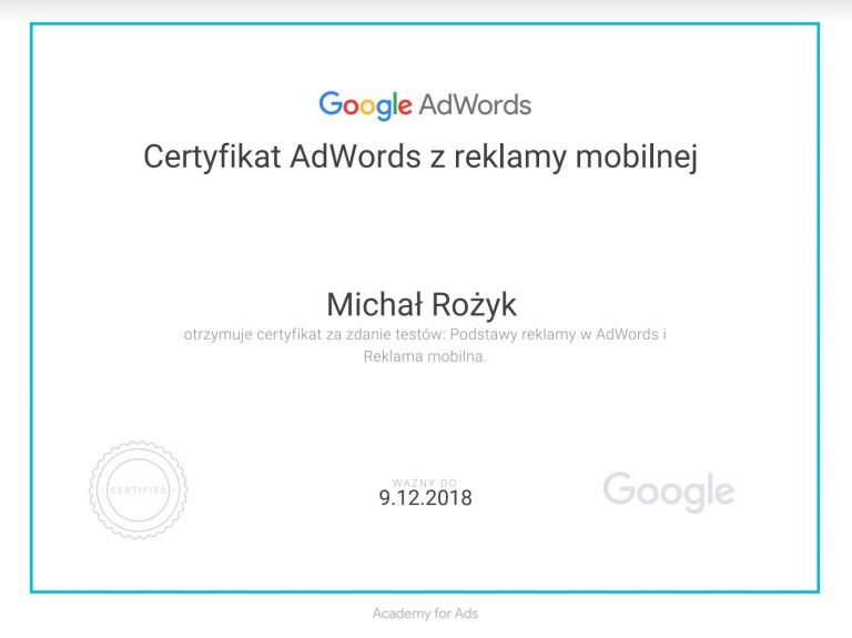 Michał Rożyk Certyfikat reklama mobilna